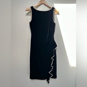 Chic Black Gathered Waist Sheath Dress with Cream Ruffle Accent